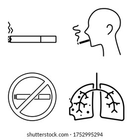 Set of icons about smoking. Man smoking cigarette, lung cancer, stop smoking sign. line icon