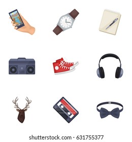 A set of icons about the style of a hipster. A peculiar youth style. Hipster style icon in set collection on cartoon style vector symbol stock illustration.