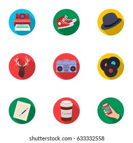 A set of icons about the style of a hipster. A peculiar youth style. Hipster style icon in set collection on flat style vector symbol stock illustration.