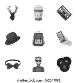 A set of icons about the style of a hipster. A peculiar youth style. Hipster style icon in set collection on monochrome style vector symbol stock illustration.