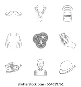 A set of icons about the style of a hipster. A peculiar youth style. Hipster style icon in set collection on outline style vector symbol stock illustration.