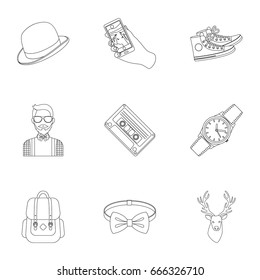 A set of icons about the style of a hipster. A peculiar youth style. Hipster style icon in set collection on outline style vector symbol stock illustration.