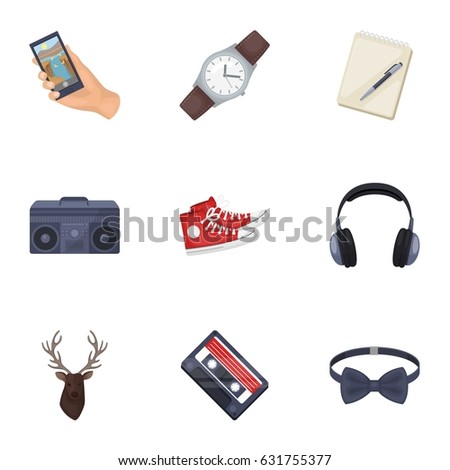 A set of icons about the style of a hipster. A peculiar youth style. Hipster style icon in set collection on cartoon style vector symbol stock illustration.