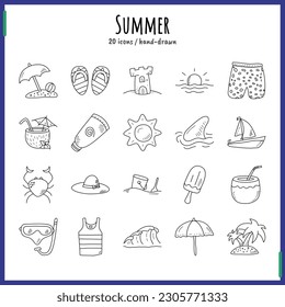 set of icons about summer in hand drawn style