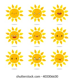 Set icons about the sun with different emotions. Vector illustration on white background. Cute and funny sun icons.