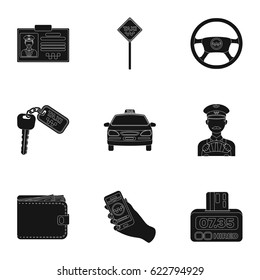 Set of icons about the taxi. A call taxi driver, Parking. Transportation around the city.Taxi icon in set collection on black style vector symbol stock illustration.