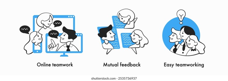 Set of icons about teamwork and lettering, online teamwork, mutual feedback, easy teamwork.