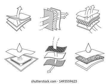 Set icons of absorbent sheets and diapers. advertising layered materials, fabric layers, napkin, sanitary pad,  mattresses and adults.
Vector eps10.