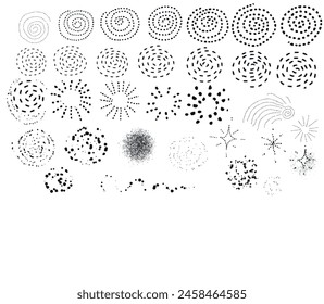 Set of icons abstract circles texture lines fireworks design dot compositions drawn by hand set separately on a white background logos black circles