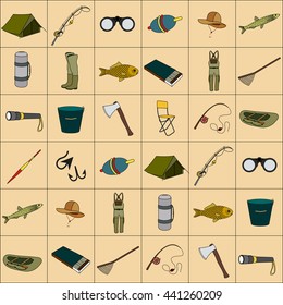 set of icons accessories and equipment for fishing