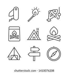 Set of icons with accessories for summer outdoor recreation