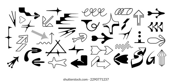 Set of icons of acid flare shapes and arrows. supernova explosion space figures in Y2k korean style. Vector illustration