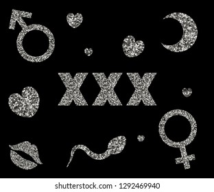 Set of icons for adults. Vector illustration. Silver sequins. Erotic symbol.