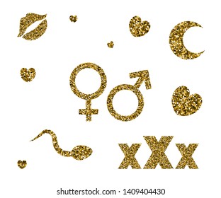 Set of icons for adults. Vector illustration. Gold sequins. Erotic symbol.