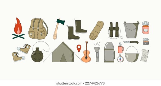 A set of icons, adventure, travel. Tourism Icons. Hand-drawn doodle-style elements related to hiking, camping and travel in the mountains and woods. Vector graphics.	