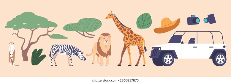 Set Of Icons African Safari Tour Theme. Jeep, Giraffe, Lion, Zebra And Meerkat. Photo Camera, Hat, Trees And Bushes