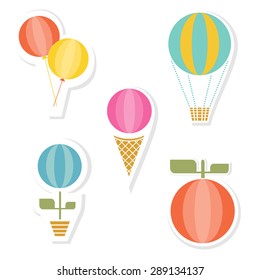 Set of icons with air balls, hot air balloon, flower in pot, ice cream and orange fruit. Collection of isolated labels with different elements. Vector file is EPS8.