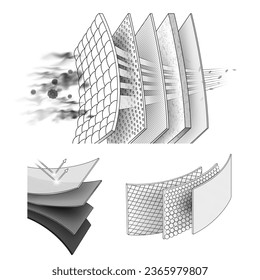 Fijar iconos de los filtros de aire Almohadillas y pañales absorbentes Anuncios capas de material de publicidad, capas de tela, servilletas, pañales, toallas sanitarias, colchones, filtros de aire, filtros de polvo. archivo de ilustración vectorial.