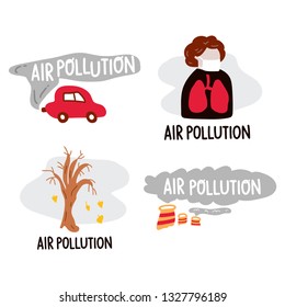 Set of icons. Air pollution concept. Factory pipes make smog, dead tree, car make smoke, person with lungs. Vector icon illustration on white background.