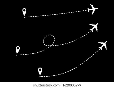 Set icons airplane line path route. Aircraft route dotted lines. Tourism and travel. Tourist route by plane. Tracks traveler dotted lines with start point. Vector isolated on black background 