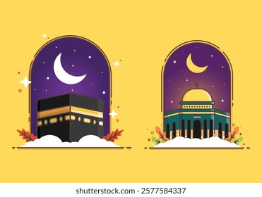 set of icons of al aqsa mosque and kaaba with night sky decoration. vector illustration. can be used for islamic event icons, posters, and social media purposes