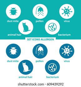 Set icons allergen. Group allergens in colored circles on dark and white background. Allergen - animal, dust mite, pollen, virus, bacterium.