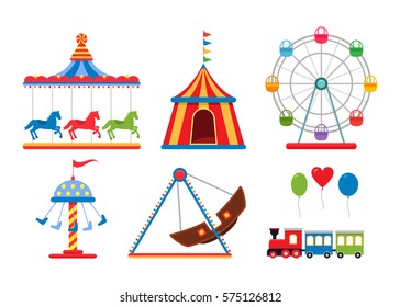 Set icons amusement park isolated on white background. flat vector illustration