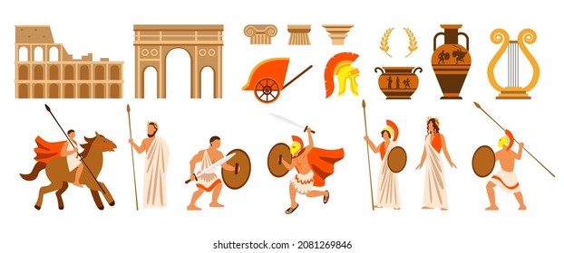 Set of icons of ancient Rome, gladiators, colosseum. Cartoon characters of ancient Rome. Isolated on a white background, vector illustration