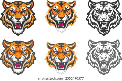 Conjunto de iconos de una cabeza de tigre rugiente enojado. Impresión y parche de un tigre valiente.