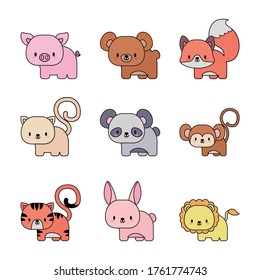 set of icons animals baby kawaii, line and fill style icon vector illustration design