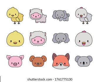 set of icons animals baby kawaii, line and fill style icon vector illustration design