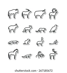 Set with icons - animals and birds. Savanna, Mountains, Desert. A vector.