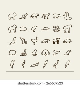 Set with icons - animals and birds. Tropics, Australia. A vector.