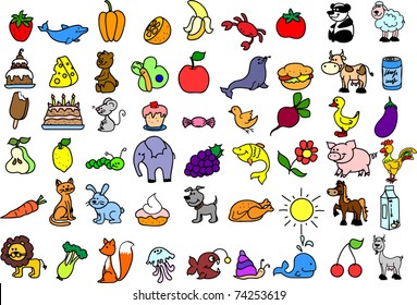 set of icons of animals, food, nature
