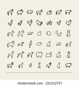 Set with icons - animals in house and on a farm. A vector.