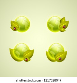 Set of icons for app or web design. Yellow leaves and ladybird with the globes