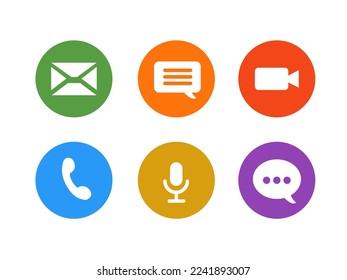 Conjunto de iconos para la aplicación y la web. Mensaje, videocámara, micrófono, llamada telefónica, iconos de correo electrónico. Ilustración del vector
