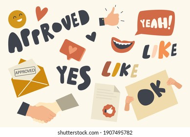 Set of Icons Approved Theme with Thumb Up Gesture, Smiling Mouth and Approved Document in Envelope, Yeah, Yes, Like and Ok Typography. Handshake, Smile Emoji, Satisfaction. Cartoon Vector Illustration