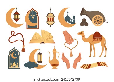 Set of icons of the Arabic Islamic holiday Ramadan. Set of icons of Islamic holiday, culture. Moon, camel, cannon, mosque, rosary, prayer book, lamp. Vector.