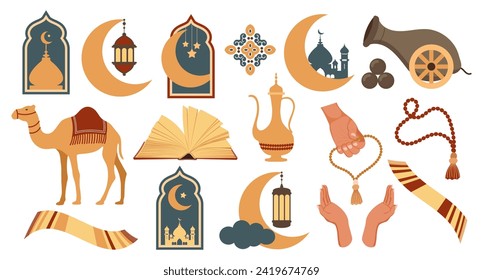 Set of icons of the Arabic Islamic holiday Ramadan. Set of icons of Islamic holiday, culture. Moon, camel, cannon, mosque, rosary, prayer book, lamp. Vector.