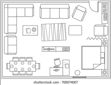 Set of icons for architectural plans. Drawing furniture living room, bedroom, dining room. Vector graphics