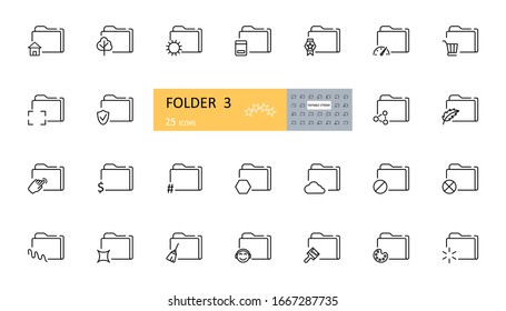 Set of icons archive folders. 25 editable vector images. Folder with the sun, a book, a tree, a house, speed, basket, goal, protection, sheet, pointer, dollar, broom, music, brush, palette, failure.