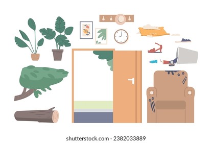 Set of icons Armchair with Dirty Pet Paw Prints, Broken Pillow, Scatter Mess, open Doorway, Potted Houseplants and Tree svg