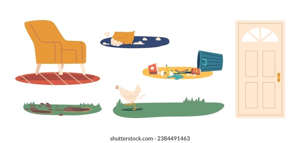 Set Of Icons Armchair, Garbage, Door, Hole In Soil, Torn Pillow And Chicken In Garden Isolated On White Background