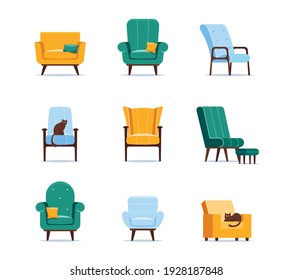 Set of Icons Armchairs of Different Design, Quilted Button Tufted Upholstery, Armrests, Wooden Thin Legs and Soft Seats. Classic Style Furniture, Cartoon Vector Lounges Isolated on White Background