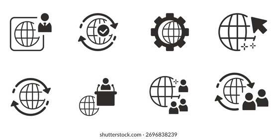 um conjunto de ícones ao redor do mundo, contendo global, terra, globo