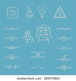 Set of icons arranged in lines on the theme of electrics electrical circuits.