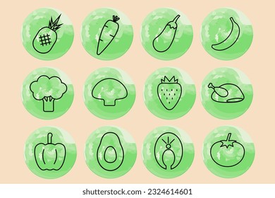 set of icons in the art line style on a green background, proper nutrition, vector