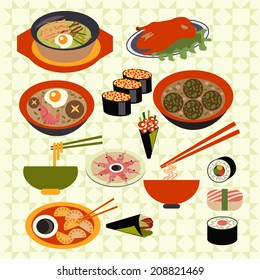 Set icons of asian food Japanese dishes vector 