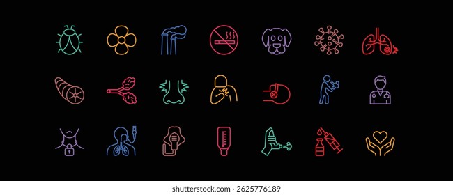 A set of icons for Asthma. The icons include Inhaler Use, Asthma Attack, Lungs with Airways, Breathing Difficulty, and Peak Flow Meter. Editable stroke. Vector illustration.